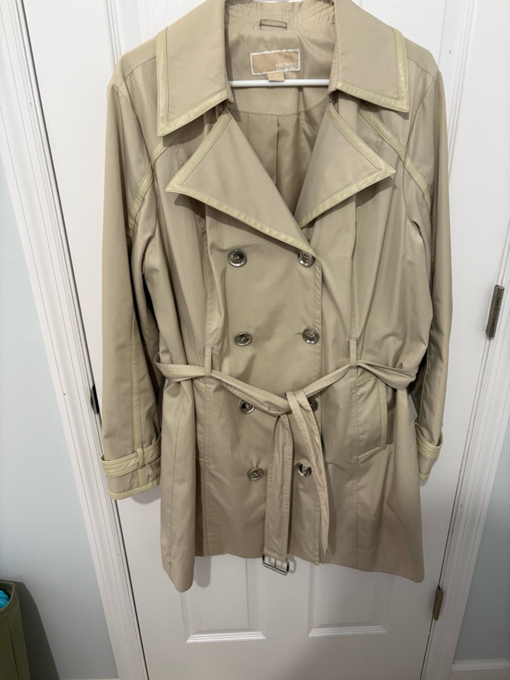 Michael Kors Khaki Double-Breasted Trench Coat with Waist Tie